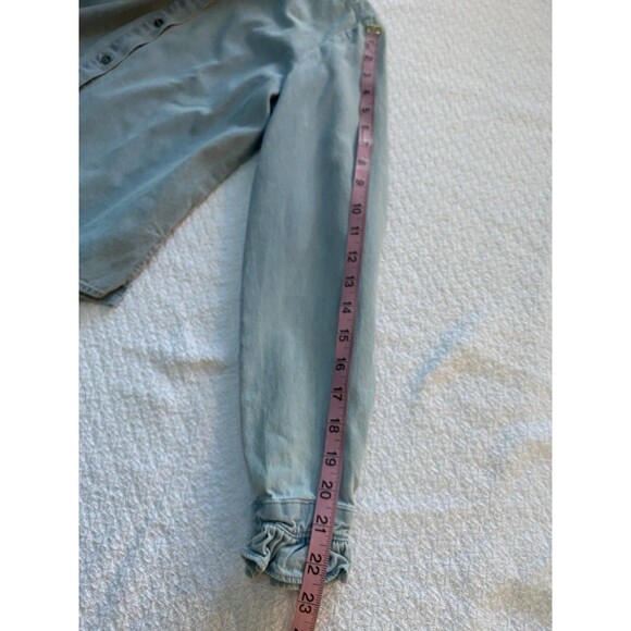 Mi Ami XS Light Wash Denim Ruffle High Neck Blouse Victorian Western Cottagecore - Picture 6 of 7